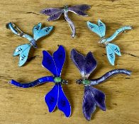 FIVE JOHN ATKINS & SONS ENAMELLED SILVER DRAGONFLY BROOCHES, two shape 1100, one hallmarked