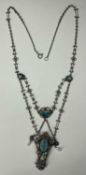ARTS & CRAFTS STYLE OPAL & PEARL SILVER PENDANT NECKLACE, the floral basket pendant centred with a