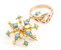 ANTIQUE YELLOW METAL DIAMOND, TURQUOISE & SEED PEARL PENDANT / BROOCH, in vintage box, with 9ct gold