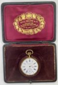 PATEK PHILIPPE 18CT GOLD CHRONOMETRO GONDOLO KEYLESS POCKET WATCH, white enamel dial with subsidiary