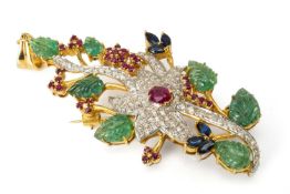 YELLOW METAL FLORAL DESIGN PENDANT / BROOCH, set with diamonds, emeralds, rubies and sapphires, 7.