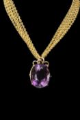 GOOD AMETHYST PENDANT & GOLD MULTI-STRAND CHAIN, the oval cut stone approx. 22 x 18mm and of good