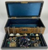 BROWN LEATHER JEWELLERY BOX, containing an assortment of decorative and costume jewellery, including