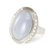 18K WHITE GOLD LAVENDER JADEITE & DIAMOND RING, oval polished stone of even colour, within brilliant