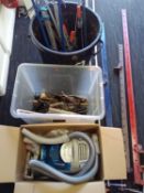 ASSORTMENT OF SASH CLAMPS, other tools, clock accessories, and a boxed Hitachi vacuum cleaner (