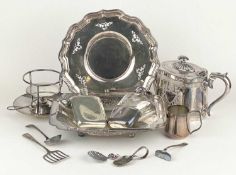 ASSORTED METALWARE, including EPBM oval teapot, rectangular swing handled dish with pierced sides,