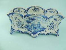 DUTCH DELFT BLUE & WHITE MAIL CARRIER, central division, side handles, panels decorated with