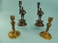 PAIR OF 19TH CENTURY LOUIS XV STYLE GILT BRONZE CANDLESTICKS, of Rococo form, 17cms (h); with