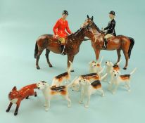 BESWICK FOX HUNTING GROUP, huntsman in red coat on bay horse, huntswoman in black coat on bay horse,