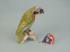 ROYAL CROWN DERBY ROBIN PAPERWEIGHT, with silver stopper, and a Goebel model of a parrot (2)