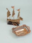 CHINESE WHITE METAL MODEL JUNK on wooden stand, 16cms (h); also a silver bonbon dish by William