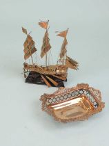 CHINESE WHITE METAL MODEL JUNK on wooden stand, 16cms (h); also a silver bonbon dish by William