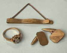 9CT GOLD SAPPHIRE & DIAMOND CLUSTER RING, size N, gross weight approx. 2.4g; also a pair of 9ct gold