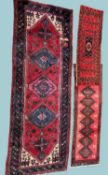 TURKISH DEEP PILE WOOLLEN RUNNER with red ground, 300 x 107cms; also a small red ground woollen