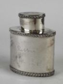 OVAL SILVER TEA CADDY with chased rim, inscribed 'Robbie', London hallmark rubbed, 10cms (h), 139g