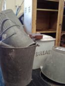 VINTAGE METAL MEAT SAFE, together with an enamelled bread bin, galvanised dolly tub, two pales,