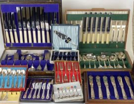 ASSORTED CUTLERY, including mahogany cased set of six fish knives and forks; oak cased canteen, 33
