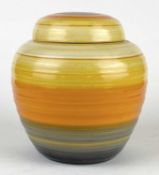 SHELLEY ART POTTERY GINGER JAR & COVER, banded decoration in mainly orange and yellow, black printed