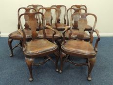 QUALITY SET OF EIGHT EDWARDIAN OAK DINING CHAIRS, in the early Georgian style, vase shaped solid