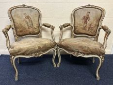 PAIR OF FRENCH PARCEL GILT & TAPESTRY UPHOLSTERED FAUTEUIL, late 19th century, upholstered with