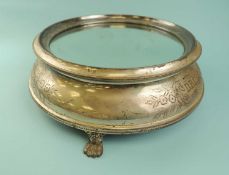 CIRCULAR PLATED CAKE STAND with mirrored top, engraved border monogrammed DPC, on claw feet,