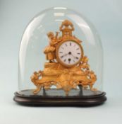 FRENCH GILDED SPELTER MANTEL CLOCK, enamel dial to the barrel movement, figure of a child to side,