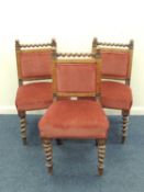 SET OF THREE VICTORIAN OAK FRAMED DINING CHAIRS, spiral turned back rails and frontal supports,