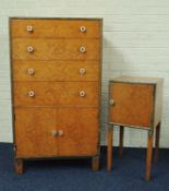 ART DECO AMBOYNA TALLBOY CHEST c. 1925-30, in the Manner of Charles Richter, with ivory handles,