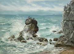 GEORGE EDWARD LODGE (British, 1860-1954) oil - rocky coastal outcrop with seabirds perched, signed