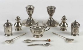 SILVER COLLECTABLES GROUP, including pair of squat candlesticks, filled bases, 8cms (h);