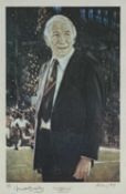 ‡ HAROLD RILEY (British, 1934-2023) colour print - 'Sir Matt Busby C.B.E. at Old Trafford', numbered