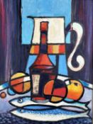 MID-CENTURY SCHOOL oil and gouache on card - still life with jug, wine bottle, fruits, and fish,