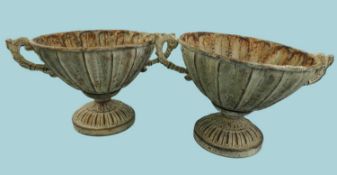 DECORATIVE PAIR OF ROMAN-STYLE WEATHERED METAL TWO-HANDLED PLANTERS, 22cms (h) Provenance: private