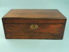 VICTORIAN BRASS BOUND ROSEWOOD WRITING BOX, interior with tooled leather lined fitted writing slope,