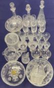 ASSORTMENT OF GLASSWARE, including two circular decanters with etched fern leaf decoration;