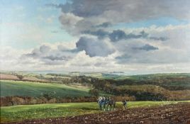 ‡ DONALD AYRES (British, b. 1936) oil on canvas - farmer and two horses ploughing, extensive