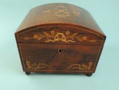 VICTORIAN INLAID ROSEWOOD DOME TOP TRINKET BOX, on gilded ball feet, 16 (h) x 22 (w) x 21cms (d)