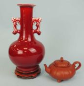 CHINESE SANG DE BOEUF VASE, 20th century, 22cms (h); also a Chinese Yixing teapot, marked with a