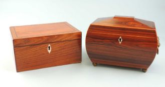 REGENCY ROSEWOOD SARCOPHAGUS TEA CADDY, c. 1810, with bone escutcheon, 21.5cms (w); also a Victorian