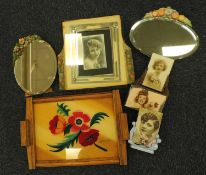 GROUP OF DECORATIVE 1920s/30s ITEMS, including two Barbola mirrors with painted floral mounts;