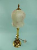 19TH CENTURY BRASS CANDLESTICK with push-up column, converted to table lamp with mottled marbled