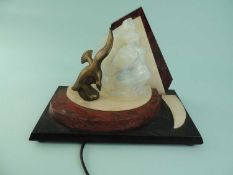 UNUSUAL ART DECO TABLE LAMP, black / red marble and white alabaster, mounted with a bronzed metal