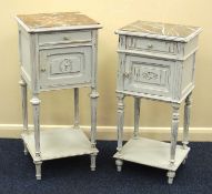 TWO FRENCH PAINTED BEDSIDE CABINETS, each with a Scagliola marble top, 86cms (h) and 83cms (h), both