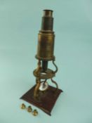 18TH CENTURY CULPEPER TYPE COMPOUND MICROSCOPE, lacquered brass case, on square mahogany base, 34cms