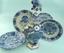 19TH CENTURY DUTCH DELFT, lidded octagonal baluster vase with bird finial, 37cms (h); and four