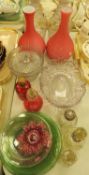 ASSORTED GLASSWARE, including pair of mallet shaped triple ring neck decanters and stoppers,