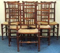 SET OF SIX QUALITY REPRODUCTION NORTHWEST SPINDLE BACK DINING CHAIRS, each with rush seats,