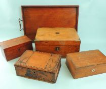 FOUR WOODEN BOXES, including Victorian walnut brass bound writing box, 29.5cms (w); together with