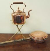 VICTORIAN CIRCULAR COPPER KETTLE with acorn finial, 30cms (h); folding tubular brass trivet,