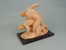 RESIN REPRODUCTION OF WRESTLERS, after the antique, on black marble base, 29cms (h) Provenance: